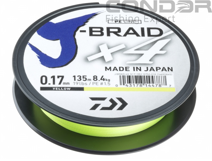 Шнур Daiwa J-Braid X4E Yellow 135м. #0.4 2.6кг. 0.07мм., фото 1