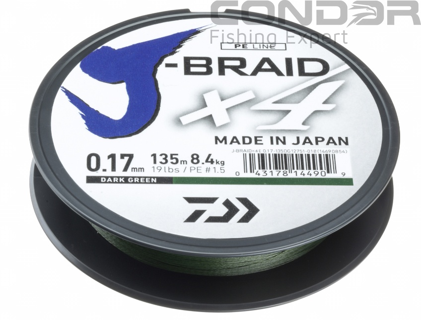 Шнур Daiwa J-Braid X4E Dark Green 135м. #2.5 12.4кг. 0.21мм., фото 1