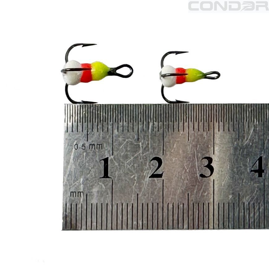 Трійник-крапля Mustad білий/червоний/салатовий з очком №12